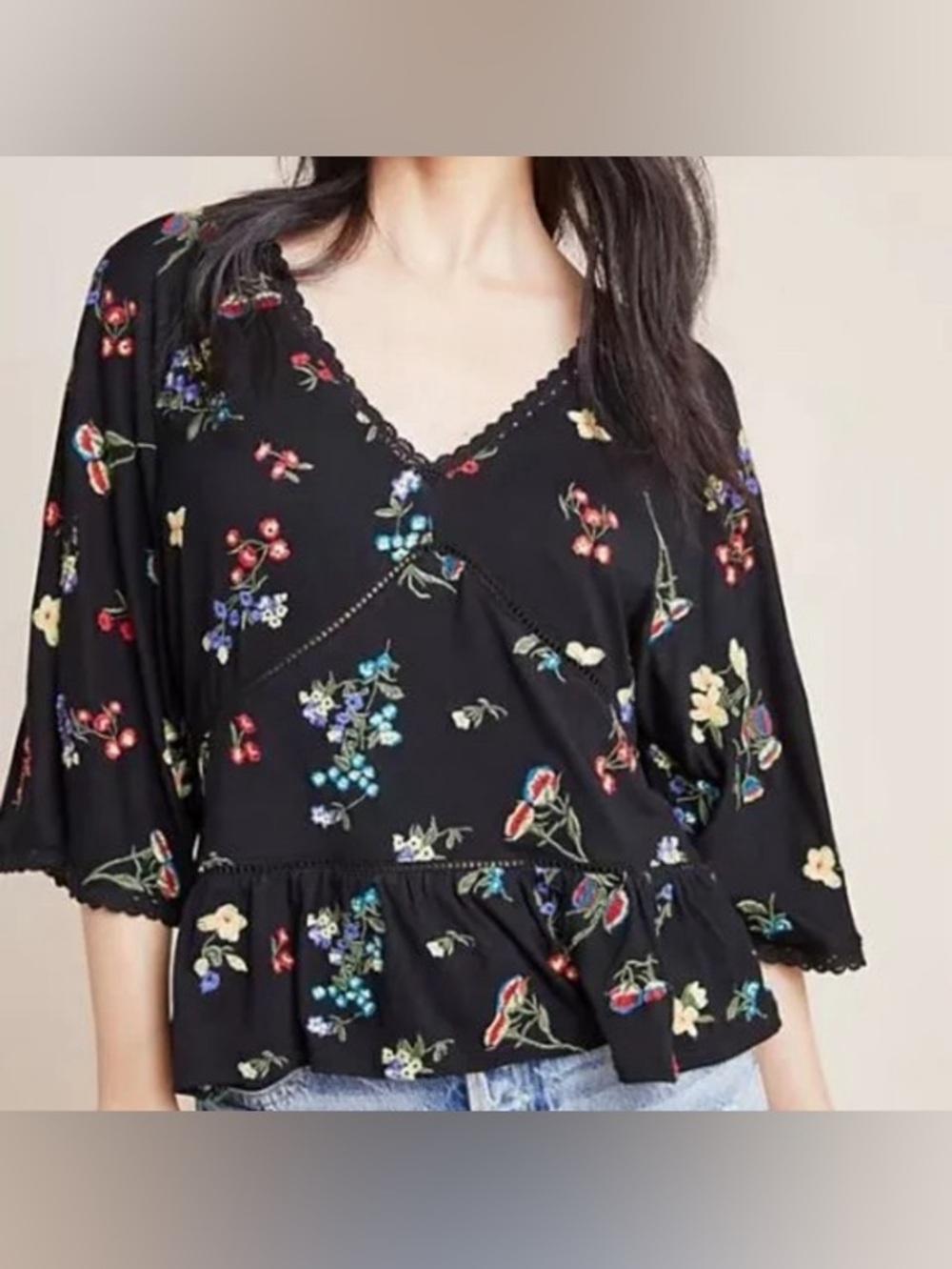 Anthropologie - Parvati Embroidered Lace Floral Flowy V Neck Blouse Size XS